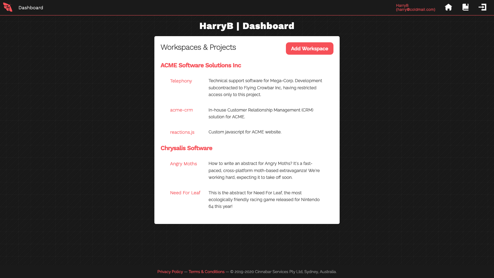 Screenshot of Cinnabar page, showing multiple workspace and multiple projects.